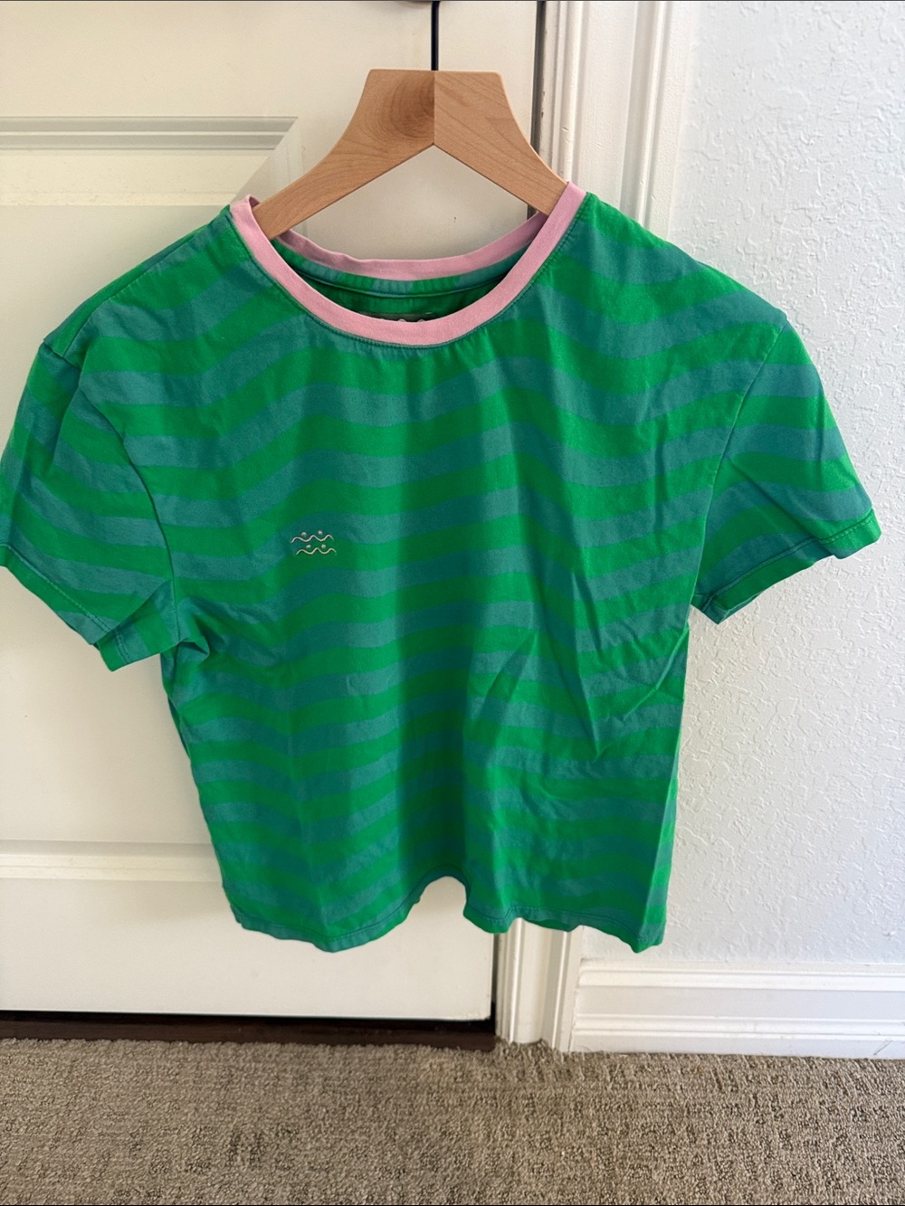 Green Striped Short-Sleeve Tee with Pink Trim